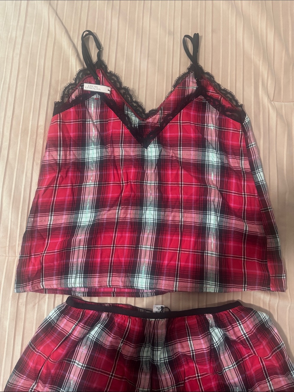 Victoria Secret LOVE Red Plaid Lace Trim Cami (S) & Short (M) Sleep Set - Picture 5 of 6